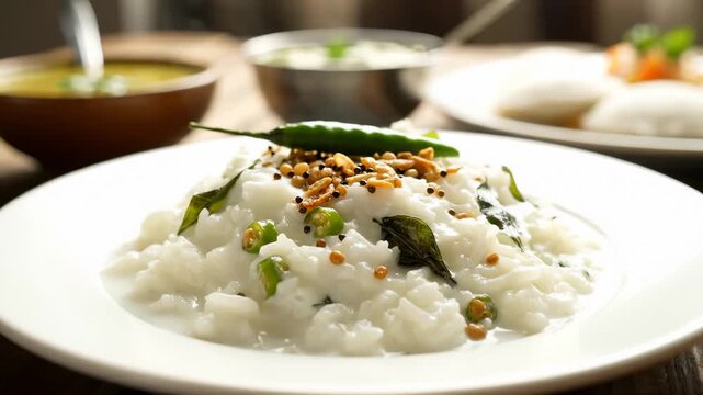 Curd Rice Garnished With Spices Served on Plate With Side Dishes