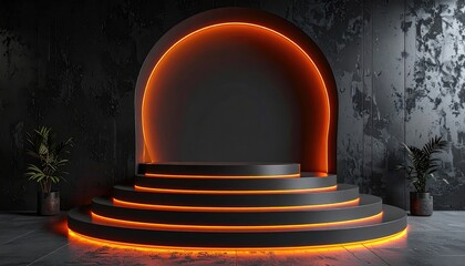 Neon-lit stage with arched backdrop in dark, textural space