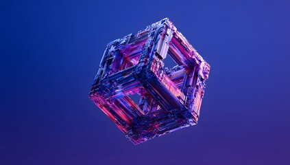 Abstract geometric crystalline structure with iridescent purple and blue hues reflecting light against a deep blue gradient background