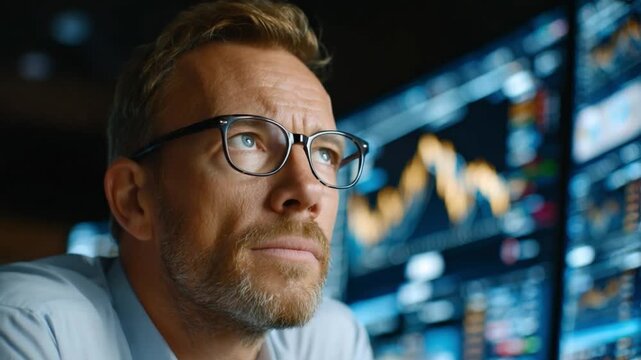 Focused Finance: A determined individual, sporting glasses, intently studies a collection of data screens displaying financial graphs. Capturing the essence of strategic thinking, analysis. - Powered by Adobe