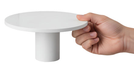 Hand holding a white round table isolated on transparent background, showcasing modern furniture design and minimalist aesthetic for home decor