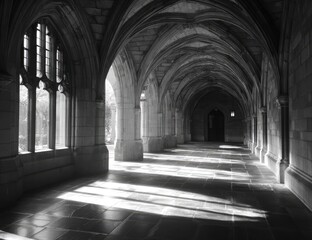 Fototapeta premium Sunlit stone cloister with pointed arches, gothic windows, and a receding perspective