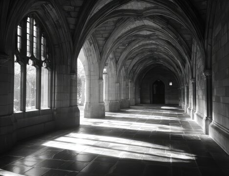 Sunlit stone cloister with pointed arches, gothic windows, and a receding perspective
