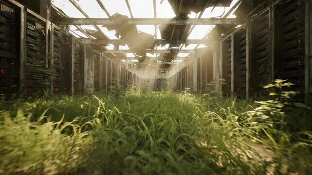 Abandoned server hall reclaimed by tall grass. Nature overtaking old technology in ruined data center. Post-apocalyptic overgrown interior with sunlight beams footage
