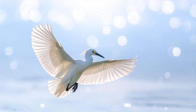 Snowy egret soars, wings spread, over shimmering blue waters