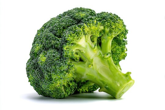A vibrant, fresh broccoli floret, dark green, sits on a stark white background, showcasing its intricate branching structure and small, tightly clustered buds