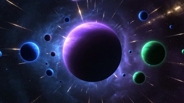 Vibrant cosmic scene showcases colorful galaxy filled with celestial planets, featuring central purple planet surrounded by green and blue planets, all amidst stars and cosmic dust in vast universe