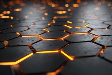 Dark gray hexagonal grid with vibrant orange glowing edges, creating a futuristic, technological feel