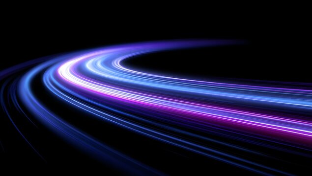 Abstract streaks of vibrant purple and blue light trails curve gracefully across a deep black background creating a sense of motion and energy - Powered by Adobe