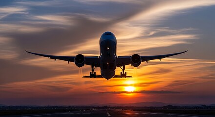 Dramatic silhouette of a modern passenger aircraft taking flight into a brilliant sunset, representing seamless global journeys, the power of aerospace, and the spirit of exploration