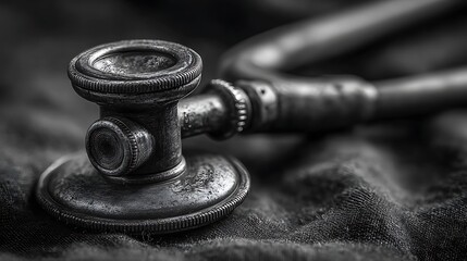 Dramatic Black and White Close-up of a Vintage Stethoscope Diaphragm