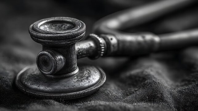 Dramatic Black and White Close-up of a Vintage Stethoscope Diaphragm