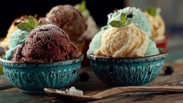 Assorted ice cream scoops in bowls with mint garnishes on rustic table