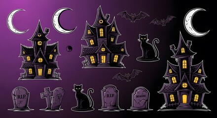 Haunted House Halloween Vector Set Spooky Mansion, Black Cats, Bats, Gravestones & Crescent Moons