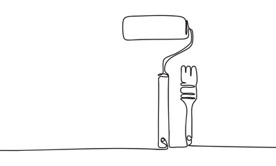 Continuous Line Art of Paint Roller and Paintbrush