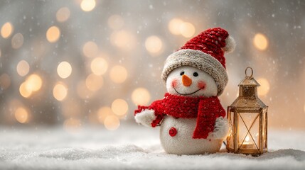 Fototapeta premium A snowman with a red scarf and a red hat is standing in the snow