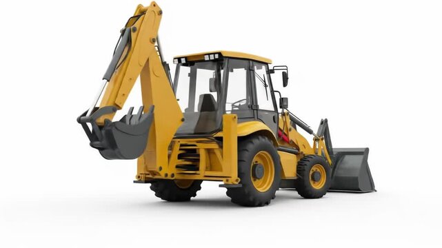 A yellow backhoe loader is shown from the rear on a white background