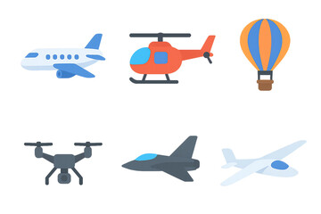 Flat Air Transport Vehicles Illustration Set | Airplane, Helicopter, Hot Air Balloon, Drone, Jet, Glider