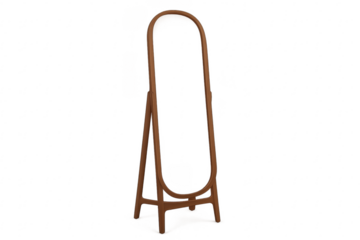 Oval wooden standing full length mirror on transparent background