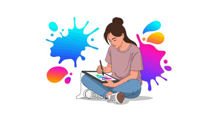 Illustrative Female Artist Creates Digital Art with Vibrant, Abstract Creative Elements