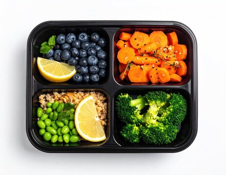 Healthy segmented meal prep blueberries, carrots, edamame, broccoli