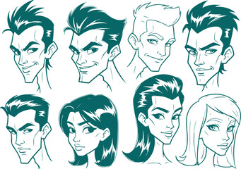Vector art of collection of stylized male and female cartoon character portraits