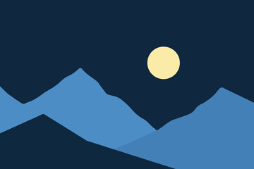 Minimal Night Landscape with Moon and Blue Mountains Vector Illustration