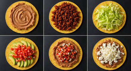 A six-panel grid showing the construction of a Mexican-style tostada. The panels progress from left to right, top to bottom, showing the assembly process. 
