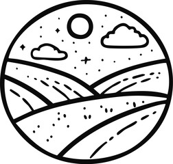 A serene nightscape illustration showing rolling countryside hills and fields under a celestial sky, a minimalist vector line art icon