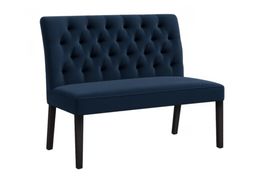 Blue tufted upholstered velvet loveseat bench with transparent background