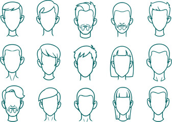 Vector art of collection of diverse cartoon male head outlines with various hairstyles and facial hair