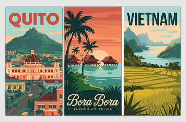 Vintage Style Travel Posters Featuring Quito, Bora Bora, and Vietnam