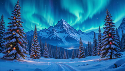 nowy mountain landscape with pine trees decorated with ornaments, Northern Lights in the sky 