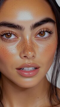 A stunning, hyper-realistic, head-to-shoulder campaign portrait of a Latin model on a white background, showcasing her full face, straight black hair, and dramatic volume lashes