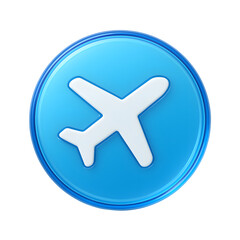 Obraz premium 3D airplane icon, blue round button with white flight symbol, isolated on transparent background