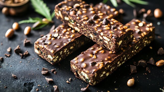 Protein bars with chocolate and marijuana on a dark background