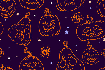 Seamless Halloween pattern. Vintage Jack-o'-lanterns with sketch-style spiders and small stars, isolated on a dark purple background. Festive texture for packaging, backgrounds, and web pages. Vector
