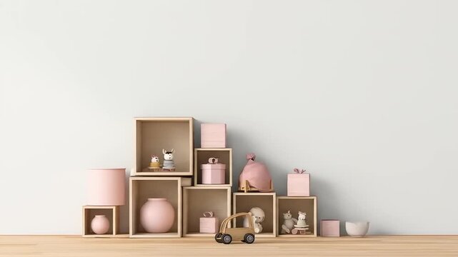 A minimal, pastel-toned room with wooden cubbies holding toys, next to a pink armchair