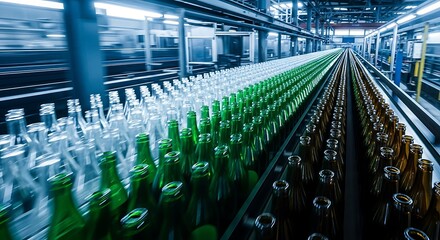 Rows of clear, green, and brown glass bottles moving along conveyor belts in a modern industrial bottling factory.