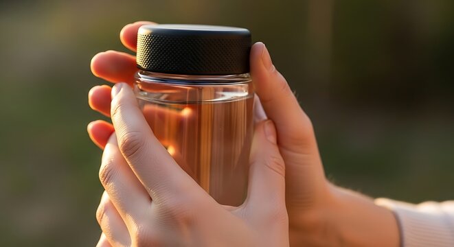 Close-up of a person's hands holding a clear glass bottle filled with a light-colored liquid.