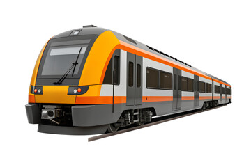 Obraz premium Modern orange and white passenger train with multiple carriages traveling on a railway track isolated on transparent background