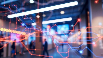 Flowing digital network visualization with glowing lines overlayed on a blurred modern office, symbolizing business technology and data
