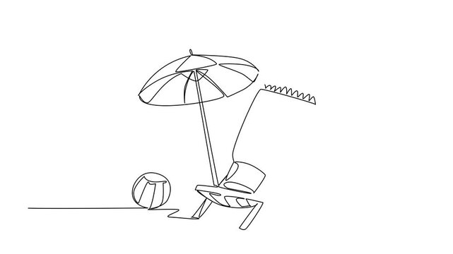 Animation of single continuous line drawing tube sunscreen on a beach chair with an umbrella, balls and flamingo shaped floats. Play safely on the beach. National Sunscreen Day. Full length motion
