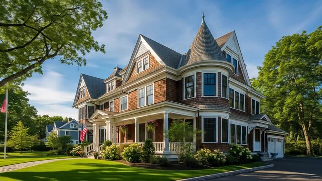 A grand shingled historic home with a turret and wraparound porch sits on lush grounds