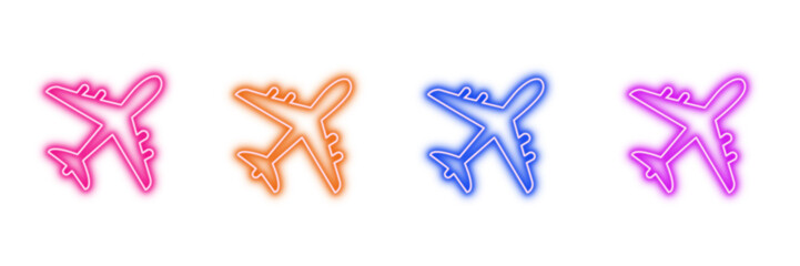 Neon glowing airplane vector icons set with transparent background, featuring colorful flight, travel, aviation, and transportation design illustration. © MdSumon