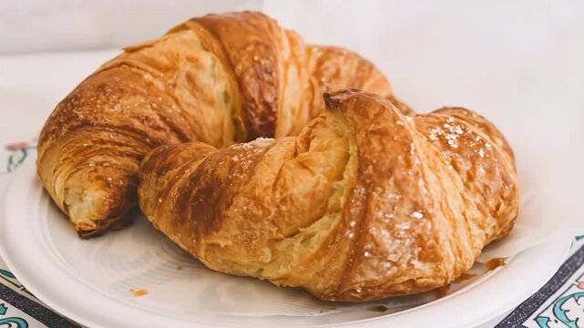 Close-up of freshly baked croissant on a white plate for breakfast