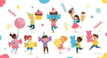 Joyful Children Celebrating With Sweets, Candies, Cupcakes, And Ice Cream, A Colorful Delight