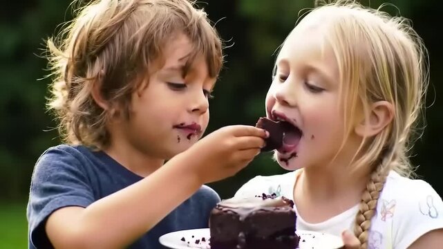 Kids eating chocolate cake outdoors.