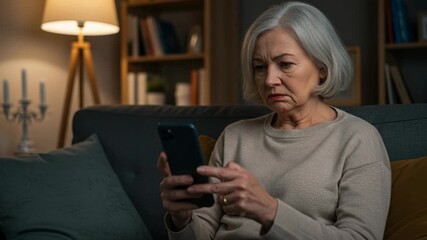Elderly woman looking worried at her smartphone at home - Powered by Adobe