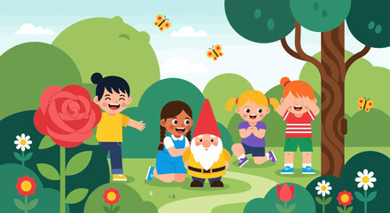 Obraz premium Joyful Children Discovering Colorful Garden Delights With A Cheerful Garden Gnome
